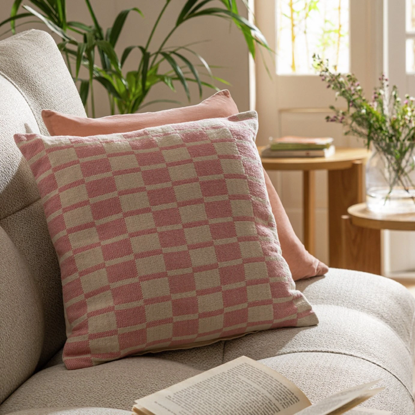 Habitat Checker Board Cushion - White & Pink - 43x43cm 3 Habitat Checker Board Cushion - White & Pink - 43x43cm