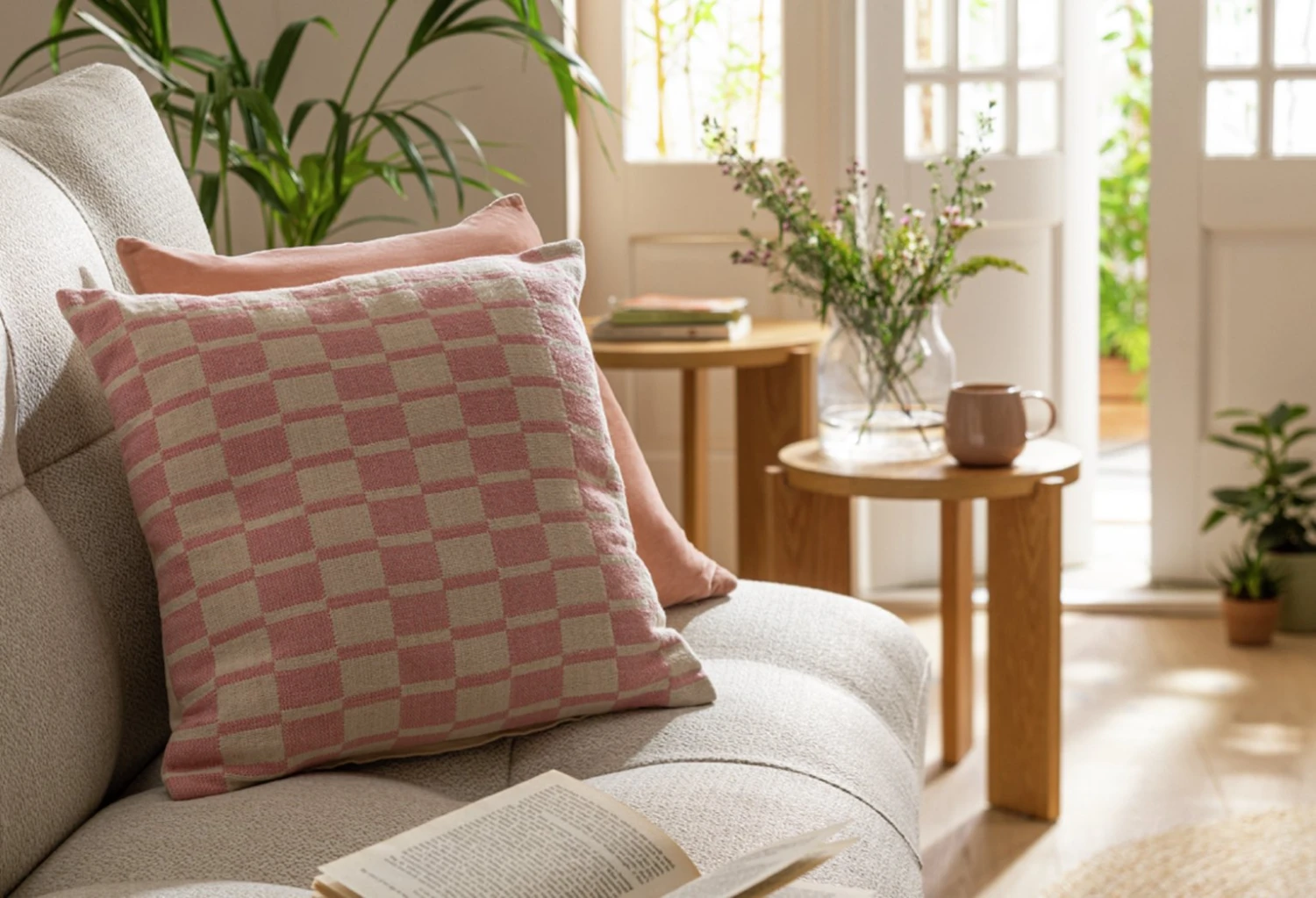 Habitat Checker Board Cushion - White & Pink - 43x43cm 4 Habitat Checker Board Cushion - White & Pink - 43x43cm - Image 2