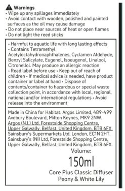 Habitat 150ml Scented Diffuser - Peony & White Lily -Bedding Promotion Store 4845096 R Z011A