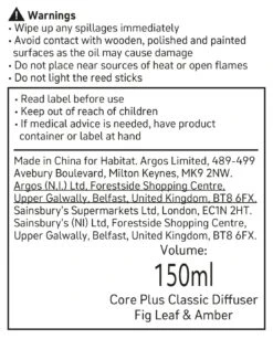 Habitat 150ml Scented Diffuser - Fig Leaf & Amber -Bedding Promotion Store 6823944 R Z011A