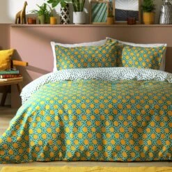 New Release 20 Habitat Sunburst Geo Green & Mustard Bedding Set - Single